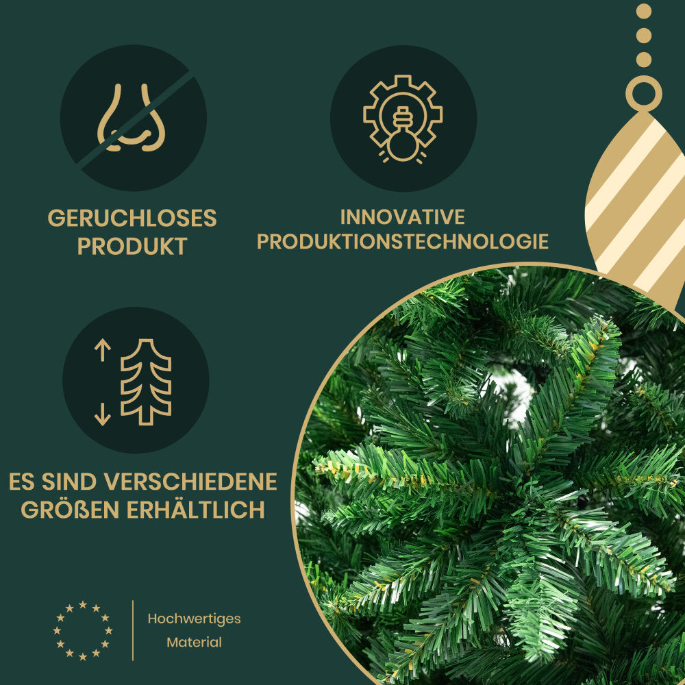 Künstlicher Weihnachtsbaum Tannenbaum PVC, 210cm, Metallständer, 1400 Spitzen mit Lichterkette und Handschuhe, Weihnachtsdeko für Haus und Garten